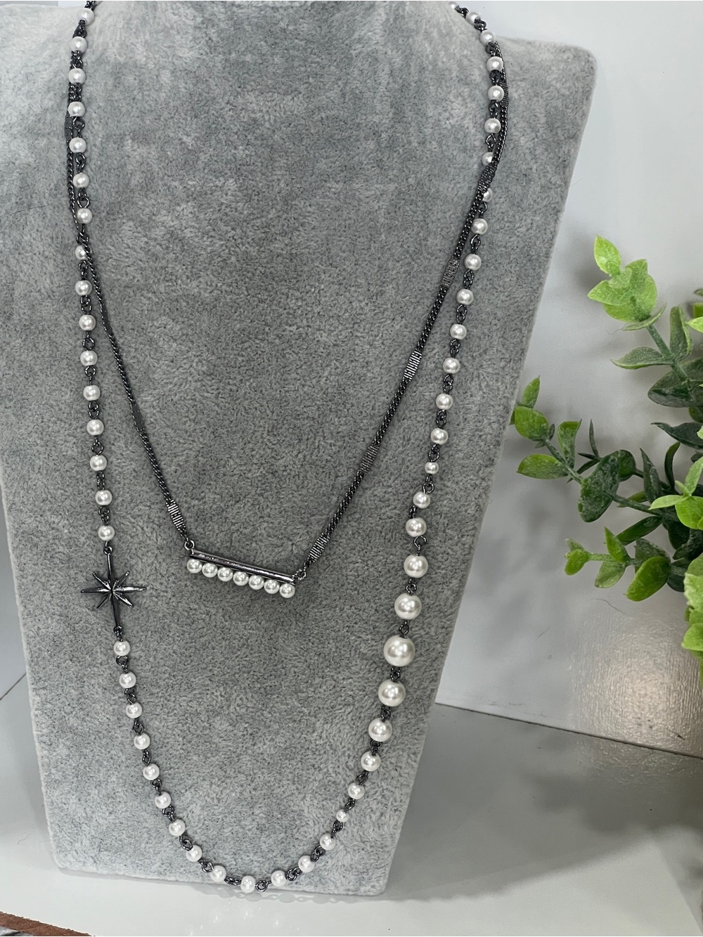 Pearl Accent Black Chain Layered Necklace